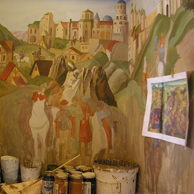 Wall painting in progress — castle and knights